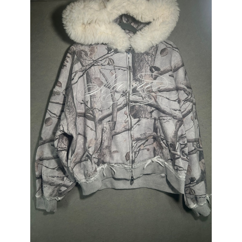 Named Collective Grey Camo Faux Fur Hood Zip Up Hoodie L/XL Y2K Streetwear